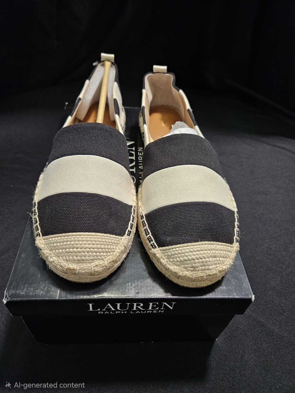 Lauren Ralph Lauren Black and Cream Striped Canvas Espadrilles